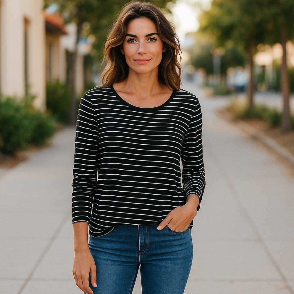 5/$35 ‎ Joe Fresh Womens Long Sleeve Black White Striped Knit Top Size Small